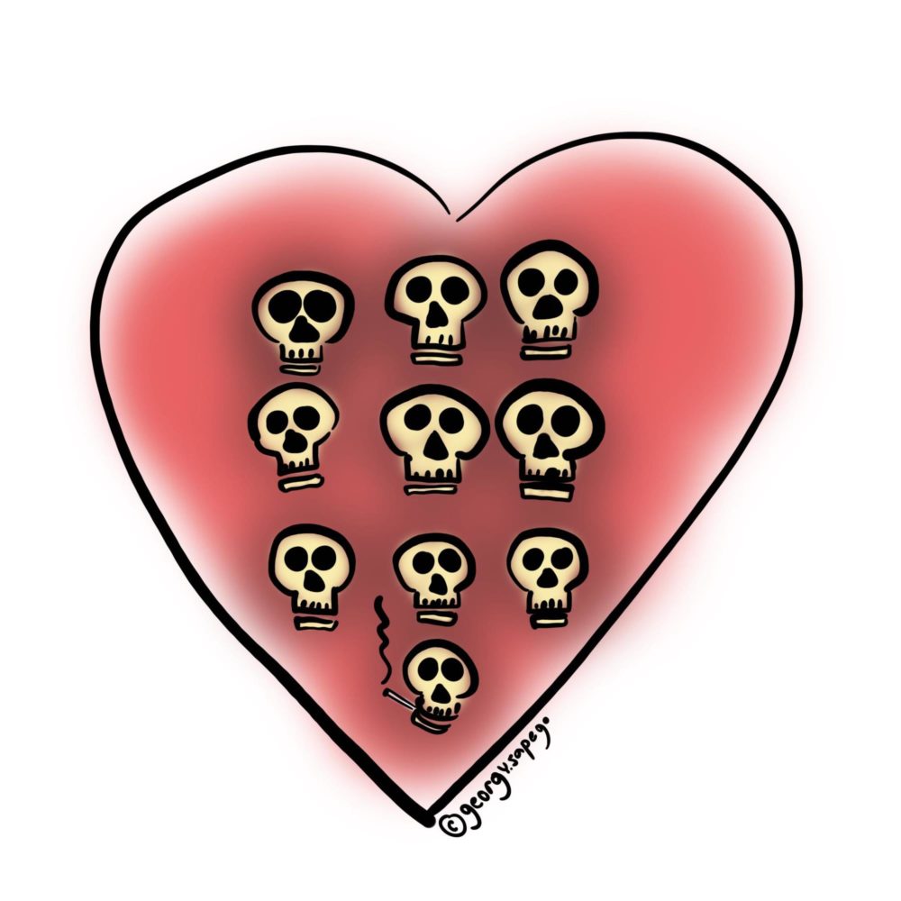 Десять черепов на фоне сердца